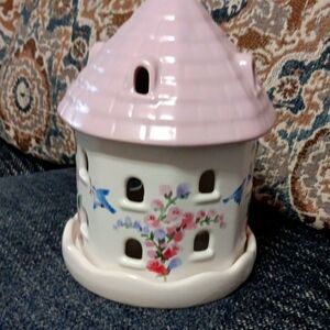 Pfaltzgraff House Candle Holder, Adorable with Snapdragons and Bluebirds